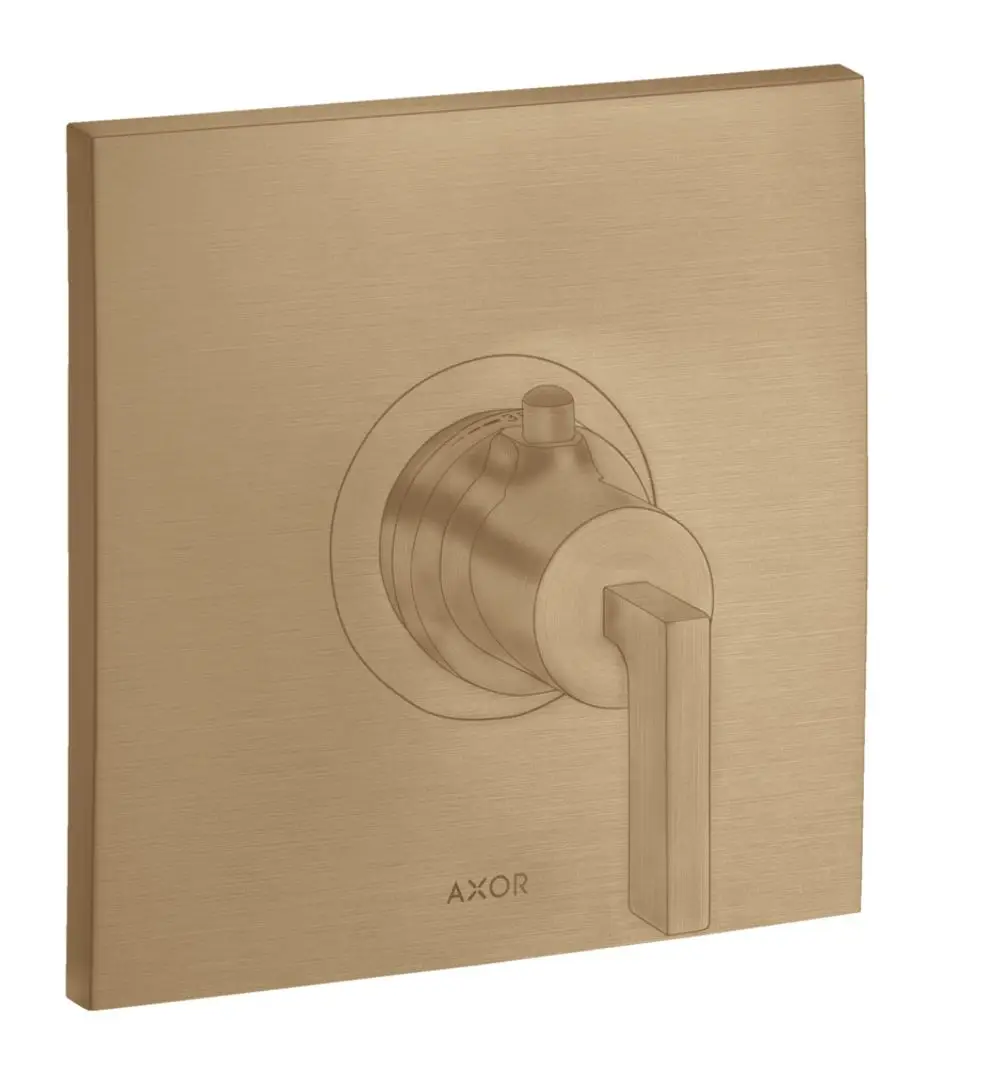 Unterputz-Thermostat mit Hebelgriff in gebürstetem Bronze-Finish, hergestellt von AXOR. Mit einem runden und einem rechteckigen Element in minimalistischer Form.